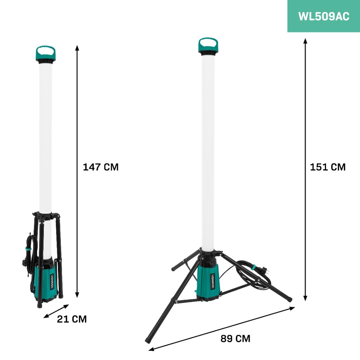 VONROC Lampada da lavoro LED 76W | 11.500 lumen | Luce 360° | IP44 per interno/esterno | Treppiede pieghevole | Cavo 5m | Faro da cantiere professionale per garage, campeggio, emergenze