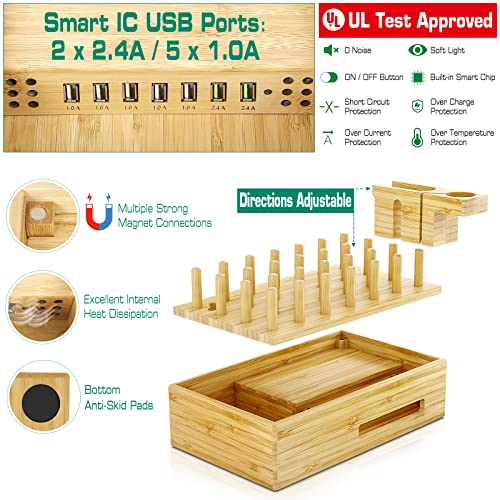 Darfoo Bamboo Charging Station with 7 USB Ports, 6 Mixed Cables, Watch/Earbuds Stand - Electronic Organizer for Multiple Devices - Cell Phone, Tablet and More - Thumbnail 3