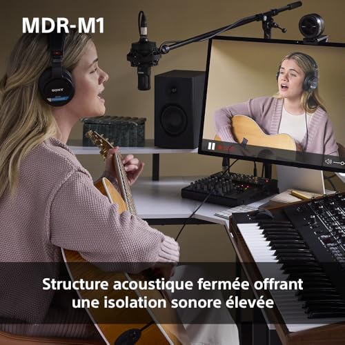Sony MDR-M1 : Casque de Studio fermé - Filaire, Lecture à Bande ultralarge (5Hz-80kHz), idéal pour l'enregistrement et Le mixage en Studio, Conception légère (216g), Noir