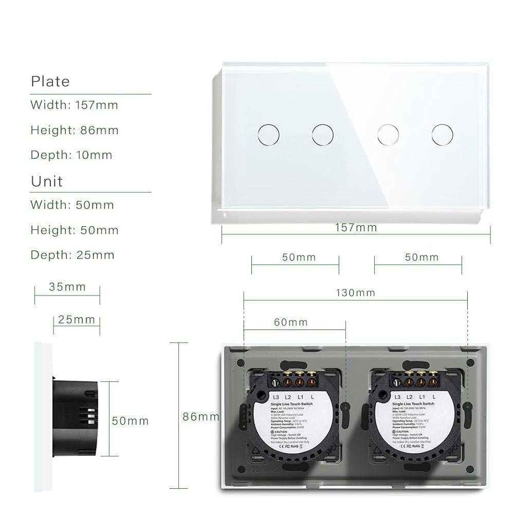 Touch Lichtschalter 4 Gang 1 Weg Wand Touch Schalter Doppel 2Gang Licht Weiß Schwarz GoldenClass Panel Wasserdichte Hintergrundbeleuchtung(White)