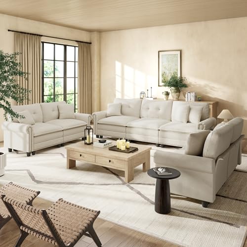Image of HERA'S HOUSE Modular Sectional Sofa and Loveseat Set Living Room 3-Piece | Mid-Century Modern 7-Seater Cloud Sofa Set, Beige, Rolled Arms & Nailhead Trim, Wider & Deeper Seats, Linen Furniture Set