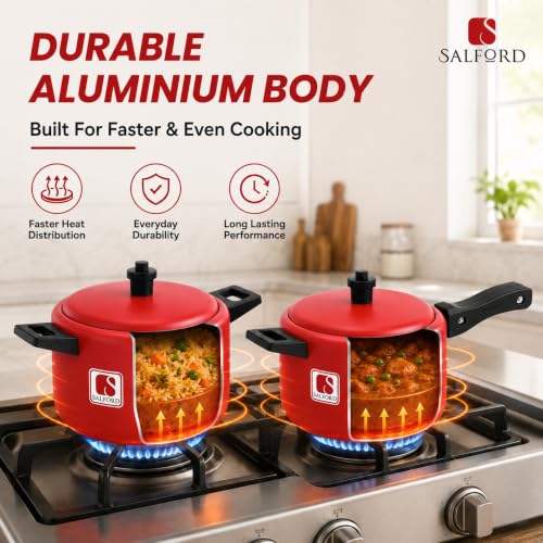 Image of SALFORD Tim & Tam Mini Cooker + Casserole Set (2 Pcs) | Compact & Functional Mini Cookware | 800 ml Mini Cooker & Casserole | Durable Build (Red)