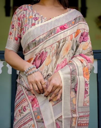 Image of SIRIL Women's Cotton Linen Printed Saree with Unstitched Blouse Piece