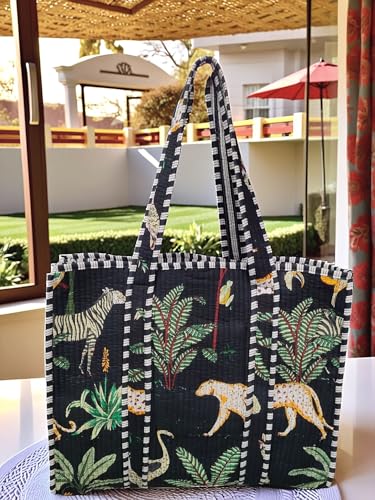 Image of Cotton Tiger Block Print Tote Bag, Indian Handmade Shopping Shoulder Bag, Unisex Market Daily Use