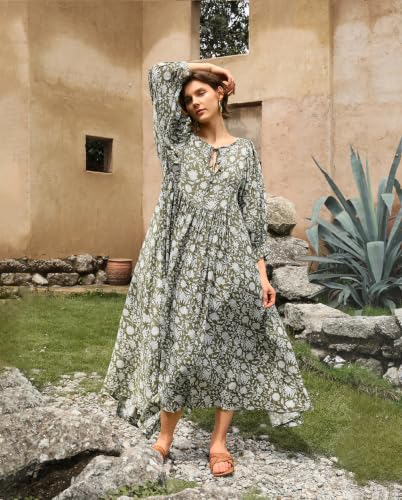 Image of Casual Summer Dresses for Women Deep V Puff Sleeve Boho Midi Floral Dress