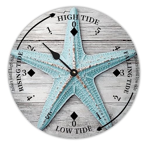 ENEDNATE Beach Starfish Farmhouse Wood Tidal Clock East Coast Ocean Time Nautical Moon Wooden Clock High and Low Tide Clock Decoration for Beach House Home Sailing Gifts 15 Inch