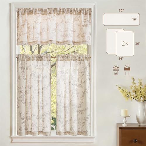 jinchan Floral Kitchen Curtains Set 36 Inch Length Farmhouse Linen Cafe Curtains and Valance Set for Living Room Bathroom Small Window Treatments Rod Pocket 3 Panels Taupe on Linen - Thumbnail 5