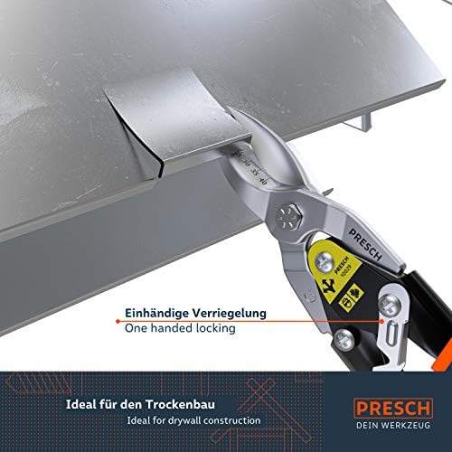 Presch Tin Snips Straight Cut - Heavy Duty Aviation Snips - Drywall Construction Tool for CW and UW Mouldings, Metal Cutting, etc. - Tin Cutter with Lever Transmission