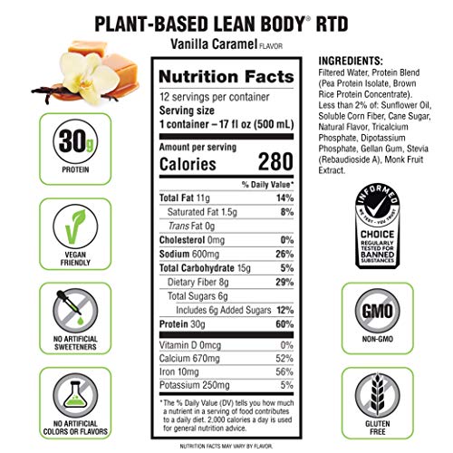 Image of Lean Body Ready-to-Drink, Plant-Based Vegan Vanilla Caramel Protein Shake, 30g Protein, No Artificial Flavors, Sweeteners or Colors, Non GMO, Gluten Free, Premium Pea & Rice Blend (Pack of 12)