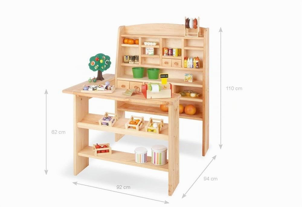 PINOLINO Kaufladen Emma, Spielküche aus Holz, ohne Kinderküchenzubehör, standfeste Kinderküche, Kinder Kaufmannsladen, Spielzeug ab 3 Jahre, Maße B 92 x T 94 x H 110 cm, unbehandelt