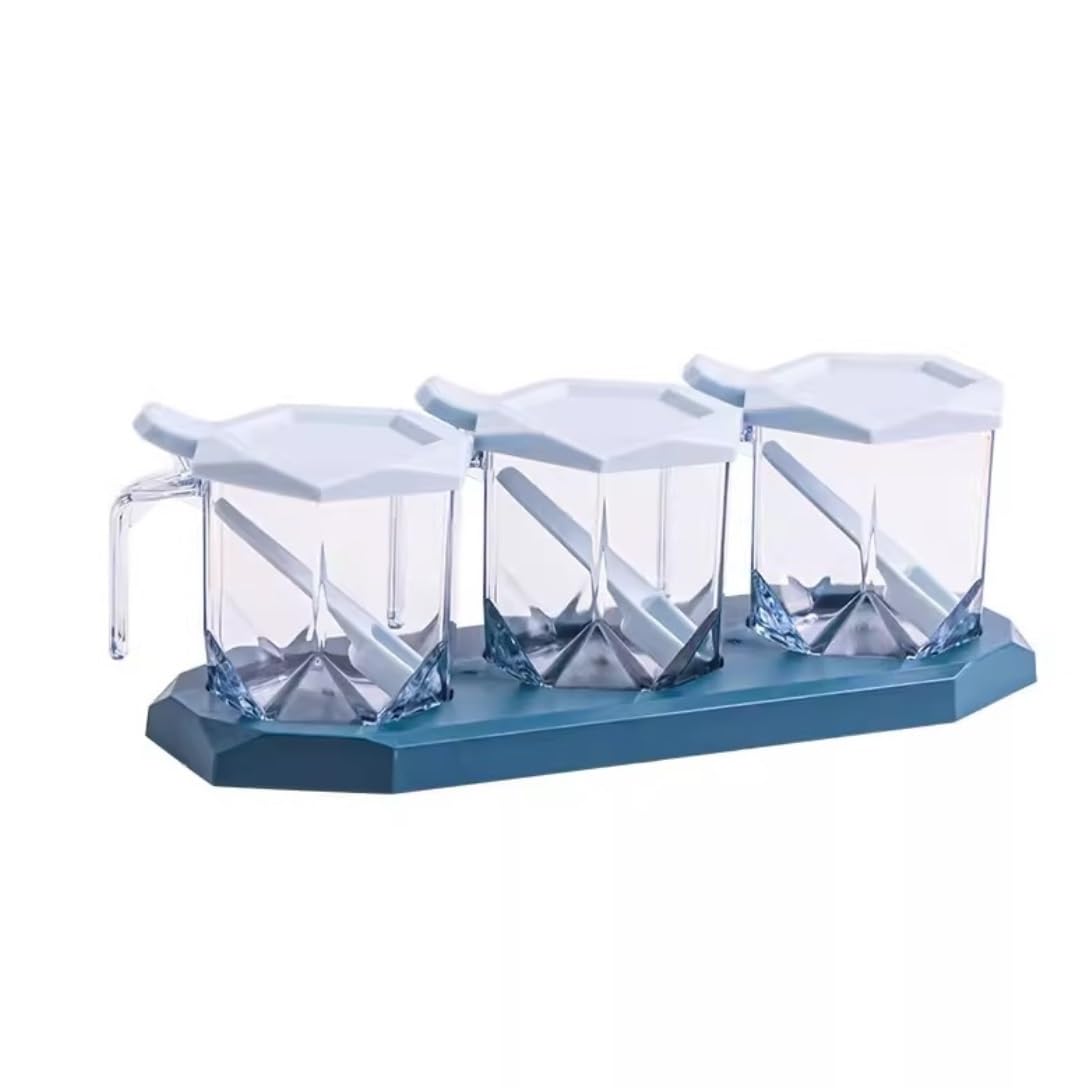 AZHKJKZH Seasoning Box Set Spice Jar Set Salt Pepper Shaker Seasoning With Spoon Transparent For Kitchen Salt Sugar Jar(Blue-B,3Pieces)