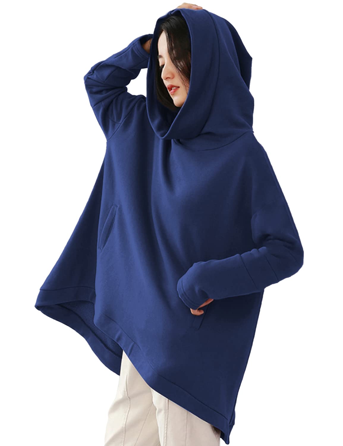 YESNOWomen Pullover Hoodies Casual Loose Oversized Sweatshirt Cloak Outerwear with Pockets WQ4, Wq4 Navy Blue-fleeced, XL