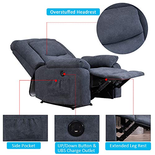 IPKIG Power Recliner Chair with Heat and Massage, Linen Recliner Sofa Chairs with USB Port for Adults for Living Room Bedroom (Blue) - Thumbnail 3