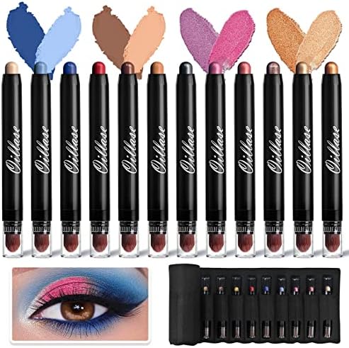 Oillase 12 PCS Eyeshadow Stick Sets with Smudge Proof Eyeshadow Primer Base, Waterproof Glitter Eyeshadow Pen with Soft Brush, Cream Eye Shadow Stick Makeup, Shimmer and Matte Eyeshadow Pencil Crayon