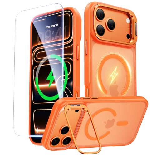 Image of for iPhone 17 Pro Max Case with Stash Lens Stand and 9H Screen Protector, Fit for MagSafe, Military-Grade Drop Protection Phone Case for iPhone 17 Pro Max, 360 Full Protection, Cosmic Orange