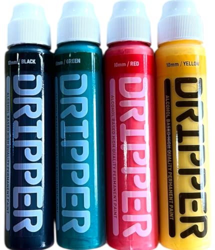 KLAMOTTEN STORE Drip Marker Set Graffiti Stifte 4 Stück - Rot - Schwarz - Grün - Gelb 10mm Dripper Farbintensiv- hohe Qualität Soultip Squeezer Mobmarker