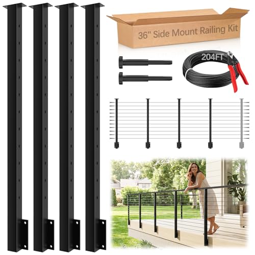 Image of 12-16ft Side Mount Cable Railing Post Kit for 36 inch Deck Level Railing | 4 Pack Space-Saving Level Post Kit, Fascia Mount Deck Posts for Deck DIY Length, T304 Black Posts System for Indoor & Outdoor
