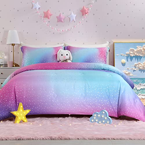 HOMBYS Mermaid Rainbow Pink Comforter Set 2 Piece Twin/Twin XL, Metallic Print Bedding Comforter Sets for Twin Bed, Soft Down Alternative Comforter for Girls (1 Comforter+1 Matching Shams)