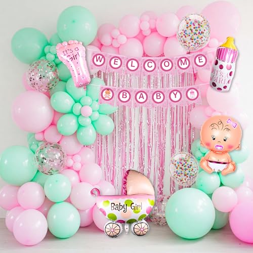 Image of 57 Pcs Welcome Baby Girl Decoration Kit | Balloons, Banner, Curtains, Foils, Stars, Hearts, Ribbon & Confetti for Baby Shower & Newborn Celebration Set 09