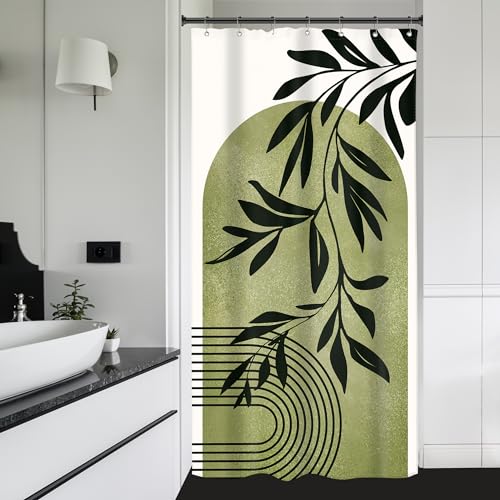 Image of Riyidecor Small Stall Green Mid Century Arch Shower Curtain Boho Bohemian Leaf Modern Neutral Rv Narrow Half Size 36Wx72H Inch Simple Minimalist Fabric Decor Bathroom Polyester Waterproof Hooks