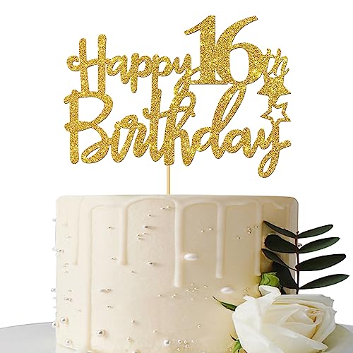 Gold Glitter Happy 16th Birthday Cake Topper,Hello 16, Cheers to 16 Years, 16 & Fabulous,Sweet 16 Party Decoration