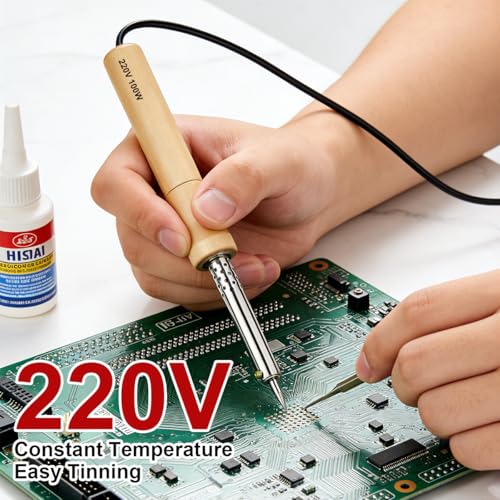Image of Serplex 100W Electric Soldering Iron EU Plug, Fast Heating Wood Handle Soldering Tool with Fine Metal Tip, High-Power Welding Iron for DIY, Electronics Repair & Craft Projects