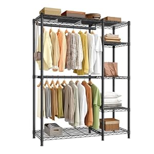 SONGMICS ハンガーラック 大容量 洋服ラック 2段 幅115×奥行40×高さ193cm 業務用 スチール製 全体耐荷重357kg 収納棚・フック付き ブラックLGR426BH01