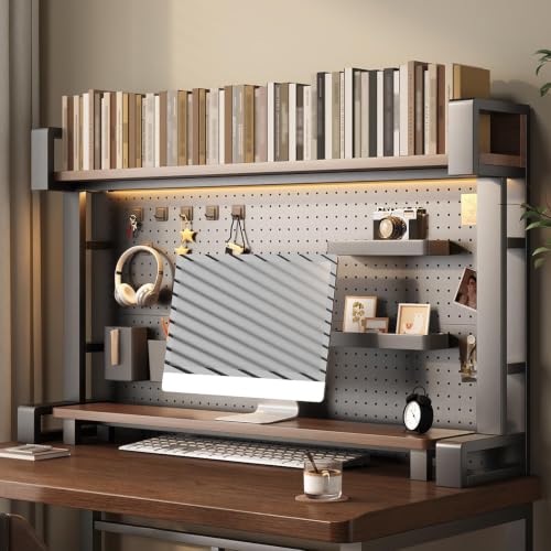 Organizador sobremesa con soporte de monitor y estantes madera para liberar espacio
