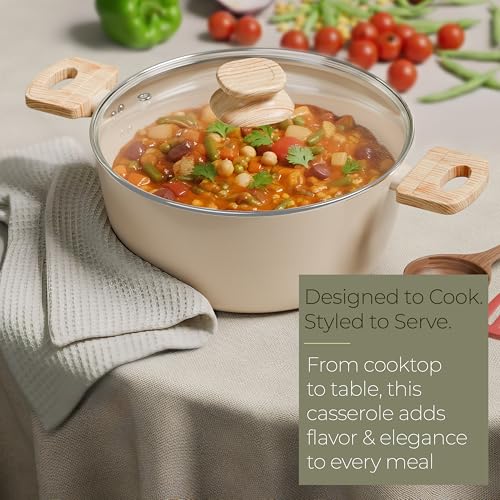 Image of Lifelong Forged Casserole 24 cm with Non-Riveted Wooden Handle & Glass Lid | Ceramic Coated | 4.4L Capacity Serves 5-6 | for Curries, Dal & Pulao | Induction & Gas Compatible | PFOA-Free Non-Stick