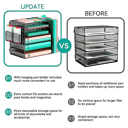GDINDINFAN 5 Tier Mesh Desk Organizer, Paper Letter Tray with Pen Holder and 1 Extra Vertical File Sorter for Office Supplies, Black - Thumbnail 6