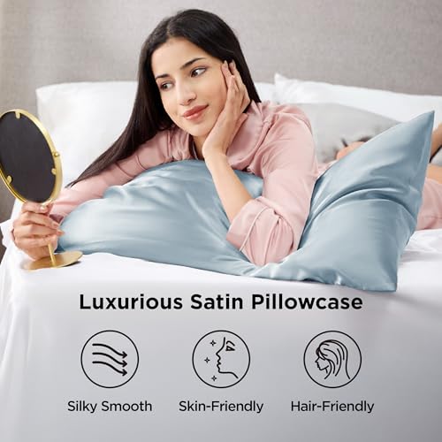 Image of Bedsure Satin Pillowcase 2 Pack Similar to Silk Pillow Cases Standard Size, Pillow Case for Sleeping Women with Envelope Closure, Gifts for Women Men, Stone Blue, 20x26 Inches, 2pcs