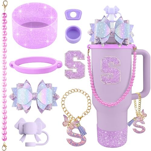 Hpebl 9PCS Purple for Stanley Cup Accessories Set Bling Initials Bow Charms for Stanley Decorations 30/40 Oz Tumbler Accessories Including Bow Straw Topper, Handle Strap, Spill Stopper（Letter S）