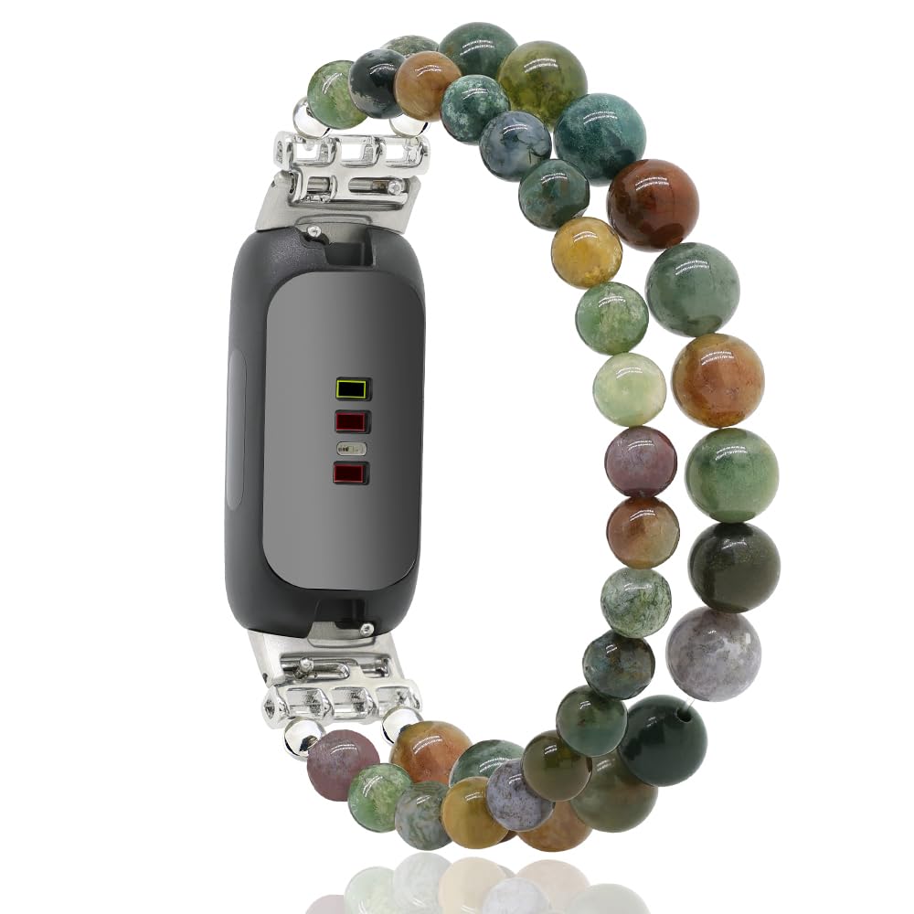 C&L Accessories Bracelets Compatible with Fitbit Inspire 3 Bands for Women Girls, Beaded Wristband Adjustable Gemstone Replacement Straps for Fitbit Inspire 3 (Indian Agate)