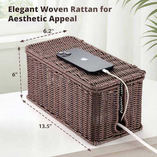 Image of ZhiYo Rattan Cable Management Box, Dark Brown, 13.5 inch x 6.2 inch x 6 inch | Handwoven cord organizer conceals power strips and cables for a cleaner home or office setup, cord hider design