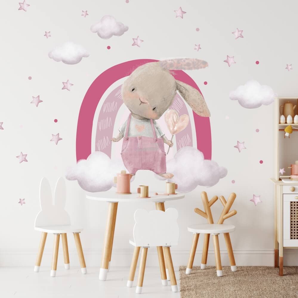 Inspio Adesivi da parete per bambini - Coniglietto con arcobaleno. XXL adesivo da parete. Sticker personalizzato aggiuntivo con il nome. 63 colori tra cui scegliere.