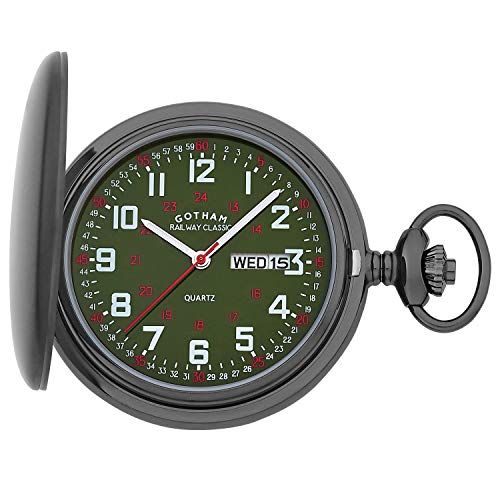 Image of Gotham Men's Railway Classic Gunmetal Stainless Steel Analog Quartz Day /Date Hunter Pocket Watch # GWC14110BGX