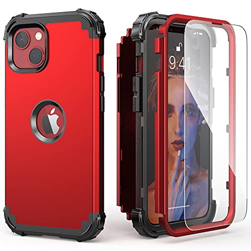 Idweel Iphone 13 Case With Tempered Glass Screen Protector, Hybrid 3 In 1 Shockproof Heavy Duty Protection Hard Pc Cover Soft Silicone Rugged Durable Bumper Full Body Cover For Iphone 13 6.1", Red #TOP7