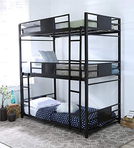 Image of Olivia Triple Metal Bunk Bed Twin Over Twin Bunk Beds for Kids | Glossy Bunker Bed for Adults | Double Decker Bed for Kids Room Furniture | Frame Only, Mattress Not Included (Black)