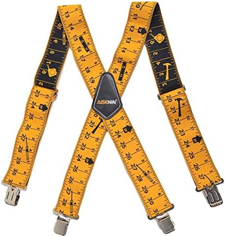 AISENIN Tape Measure Suspenders for Men 2” Wide X-Back Work Suspenders Elastic Adjustable(Yellow)