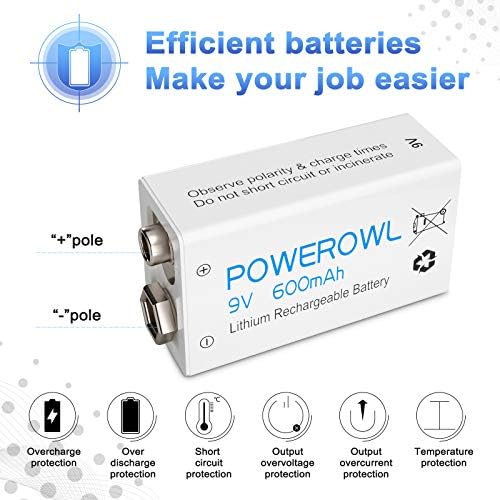 9v Rechargeable battery with Charger, POWEROWL 600mAh Rechargeable 9V Batteries for Microphone, Smoke Alarm and other devices(Low Self-Discharge - 4 Pack)