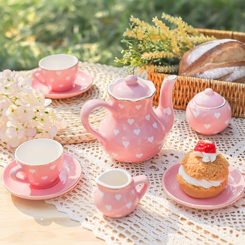 Image of TUZT Tea Party Set for Little Girls Ages 3-8, Pink Heart Porcelain Tea Set with Gold Trim Edges, Princess Tea Time Toy Includes Pot & Cups & Saucers & Suitcase, Birthday Gifts for Toddlers Girls