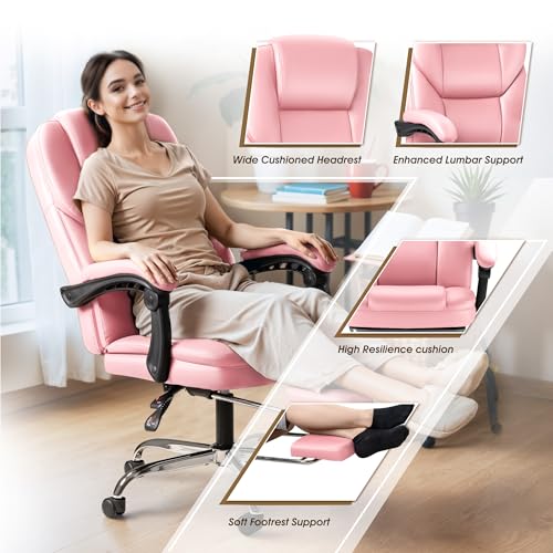 Image of Furmax Executive Office Chair with Foot Rest Big and Tall Office Chair Ergonomic Home Office Desk Chairs Reclining High Back Leather Chair with Lumbar Support, 400LBS (Pink)