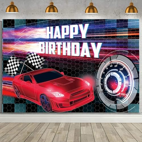 MEHOFOND 7x5ft Car Racing Happy Birthday Backdrop, Red Racing Party Photo Background for Boys, Car Birthday Party Decorations Car Banner Red Race Car Birthday Party Supplies Party Decor