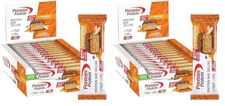 Premier Protein Bar Deluxe Chocolate Peanut Butter 12x50g - Alto contenido en proteínas Bajo contenido en azúcares + Reducido en hidratos de carbono + Sin aceite de palma (Paquete de 2)