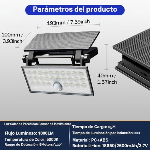 Foco solar exterior con sensor de movimiento 1000LM para jardin 5