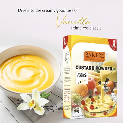 Image of BAKERS Custard Powder | Vanilla Flavor | (100g x 6, 600g) | Contains No Eggs | Long Shelf Life | Makes Smooth, Creamy, Testy & Juicy Custard | Quick & Easy to Make |Best For Fruit Salads & Puddings