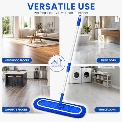 Image of Zureni 4 ft Microfiber Flat Mop with Long Adjustable Telescopic Handle Replaceable Wet and Dry 360 Degree Floor Pocha Cleaning Tool for Home and Kitchen (18 inch Head and 3 Extra Refill, Blue)
