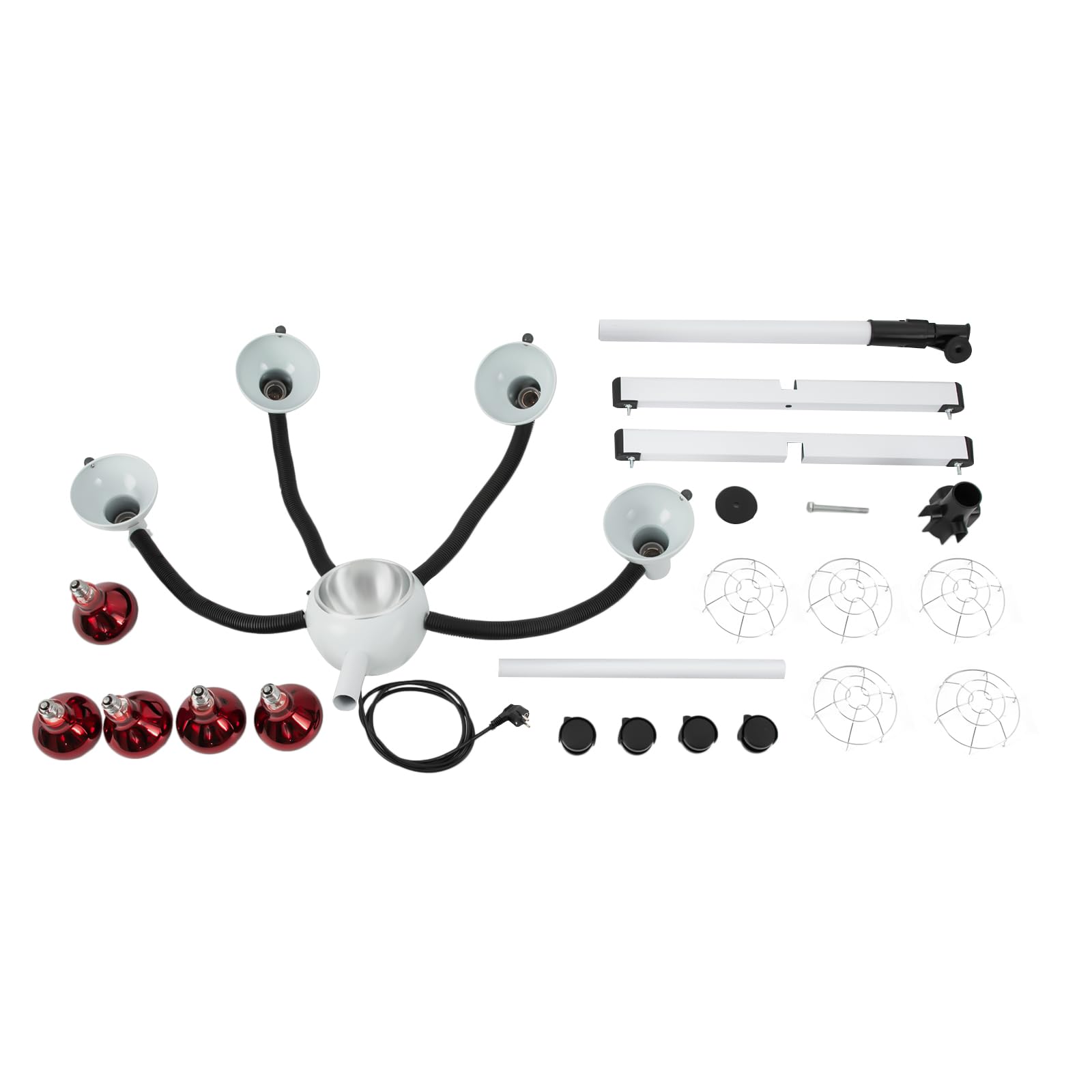 5 cabezas infrarrojos peluquería lámpara calefactora altura ajustable soporte 112 – 136 cm con 4 ruedas 750 W regulación de temperatura 40 – 80 °C blanco para peluquería profesional