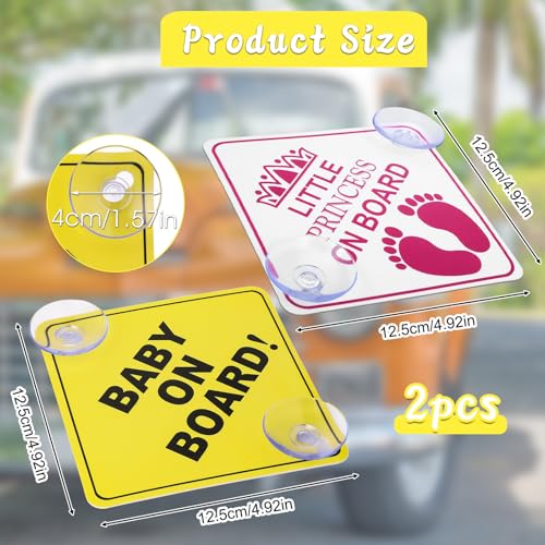 XLIUAX 2 Stück Sicherheitswarnschilder für Autos, Baby an Bord Kleine Prinzessin an Bord Autoaufkleber mit doppelten Saugnäpfen für Fensteraufkleber, 12,5 x 12,5 cm (gelb, rosa)