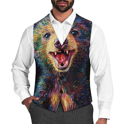 Smiling Bear Art Poster Casual Suit Vest for Men Formal Business Dress Regular Fit Waistcoat Tuxedo